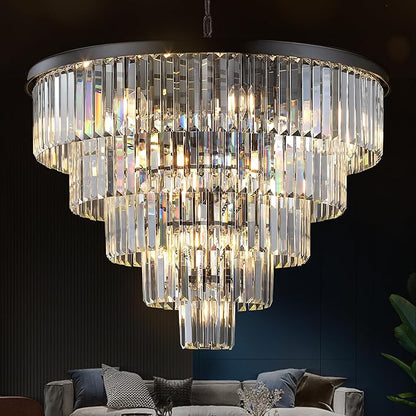 30" Black Crystal Chandelier Large Round Chandeliers Modern 16 Lights 5-Tier Luxury K9 Crystal Ceiling Pendant Lighting Fixture for Foyer Staircase Living Room Dining Room