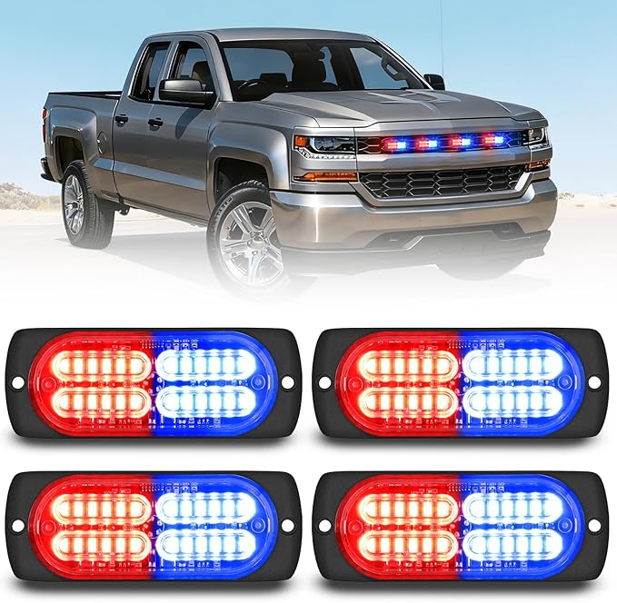 Nilight 4PCS 24LED Emergency Strobe lights 12V 24V Red Blue Surface Mount Grille Hazard Safety Warning Light Sync Feature Side Flashing Marker Flash for Car Truck Campers