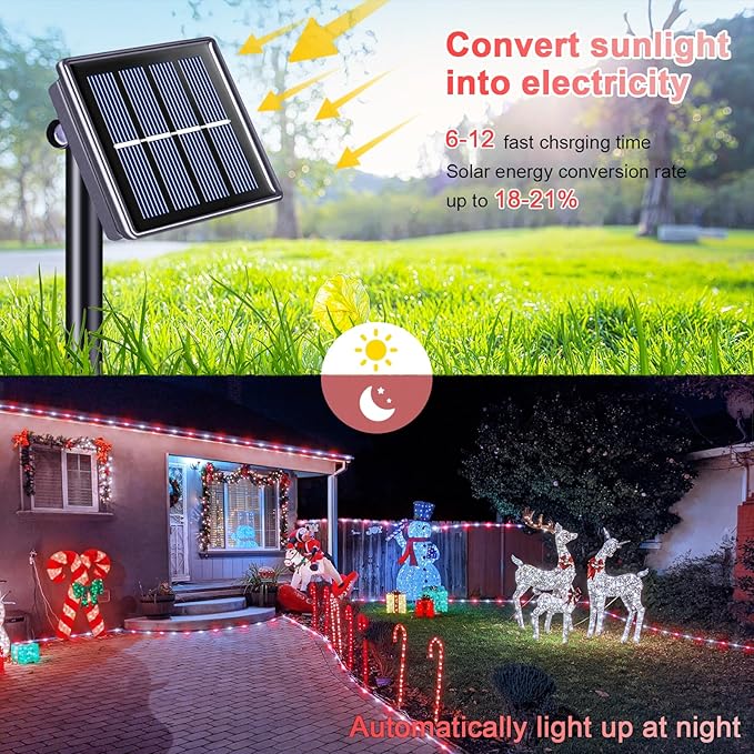 JMEXSUSS 200 LED Solar Rope Lights, 72ft IP 65 Outdoor Waterproof Christmas Lights with 8 Modes, Red and White for Fence Yard Walkway (Pack of 2)