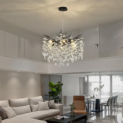 Modern Crystal Tree Branch Chandelier, Black Round Art Deco Pendant Light Raindrop Lighting Fixture for Dining Room Bedroom Foyer 6 Lights D18''