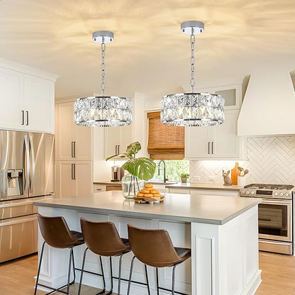 Modern Small Crystal Chandelier, 4-Light Round Pendant with Chrome Finish, Semi-Flush Mount Ceiling Light, 12" Diameter, Chrome Chandelier for Dining Areas, Kitchens & Hallways