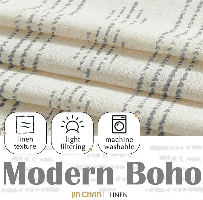 jinchan Boho Kitchen Curtains Linen Tier Curtains 45 Inches Bohemian Cafe Small Drapes Gray Striped Mudcloth Farmhouse for Bathroom RV Camper Light Filtering Rod Pocket 2 Panels Grey on Beige