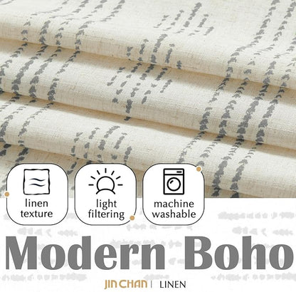 jinchan Boho Kitchen Curtains Linen Tier Curtains 45 Inches Bohemian Cafe Small Drapes Gray Striped Mudcloth Farmhouse for Bathroom RV Camper Light Filtering Rod Pocket 2 Panels Grey on Beige