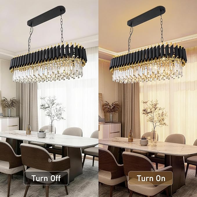 L33 Black and Gold Crystal Chandelier Large 8 Light 3-Tier K9 Crystal Raindrop Chandelier Flush Mount Ceiling Light Fixture for for Dining Room Kitchen Island