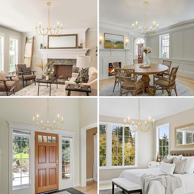 Modern Gold Chandelier, 6-Light Metal Farmhouse Dining Room Light Fixture, Candle Chandelier Light Fixtures Rustic Industrial Modern Chandelier for Bedroom, Foyer, Living Room