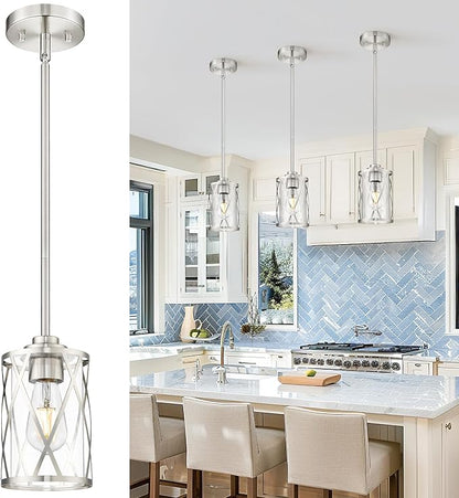 Beionxii Brushed Nickel Pendant Lights Kitchen Island, Glass Pendant Light Fixtures with Clear Glass and Rods, Kitchen Pendant Lighting Over Island for Sink, Dining Room, Entryway, BX-PL07BN