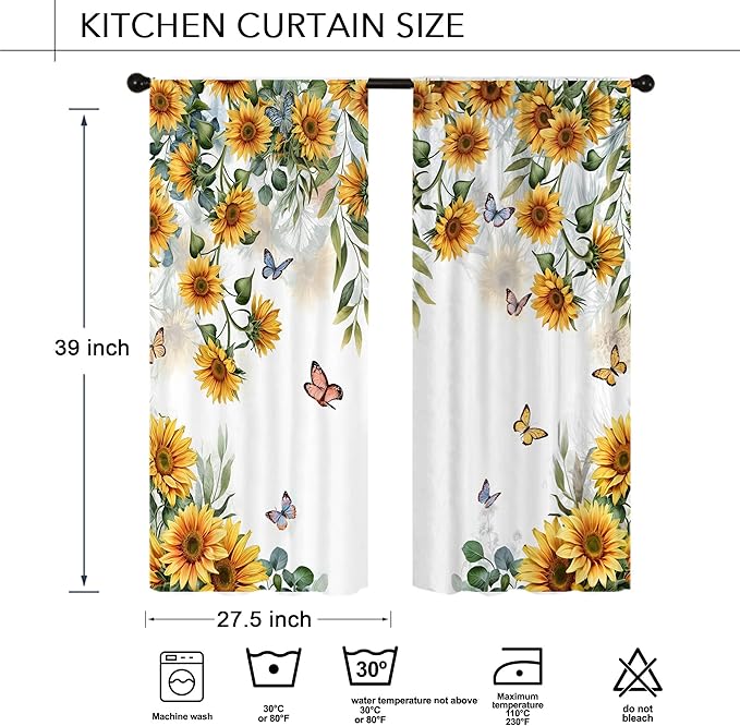 Yellow Sunflower Country Kitchen Curtain 27.5W X 39L Inch 2 Panel Rod Pocket Rustic Floral Flower Butterfly Farmhouse Over Sink Set Small Short Cafe Tier Window Drapes Bathroom Home Decor