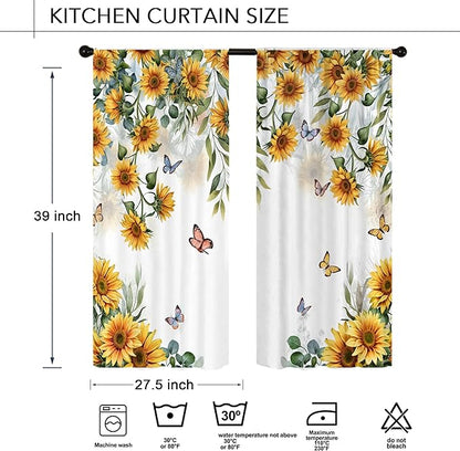Yellow Sunflower Country Kitchen Curtain 27.5W X 39L Inch 2 Panel Rod Pocket Rustic Floral Flower Butterfly Farmhouse Over Sink Set Small Short Cafe Tier Window Drapes Bathroom Home Decor