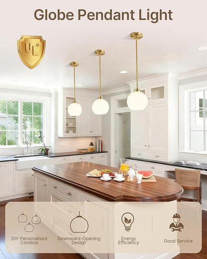 Majade Globe Pendant Lights Kitchen Island Pendant Light Fixtures 7.4 Inch Gold Mid Century Modern Globe Pendant Lighting with Milk Glass Adjustable Hanging Light Fixtures for Dining Room(2 Pack)