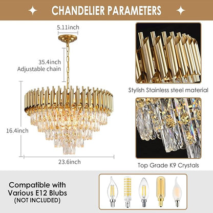 Gold Crystal Chandeliers Modern Round Chandelier for Dining Room 5 Tiers Ceiling Pendant Light Fixtures Large Ceiling Chandeliers for Foyer Living Room Bedroom Foyer entryway 24” 12 Lights