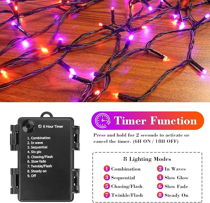 FairyGlim Purple&Orange Halloween Lights, 33FT 100 LED Outdoor String Light with Timer & 8 Modes, 3AA Battery Operated Waterproof String Light for Outdoor and Indoor Halloween Decor