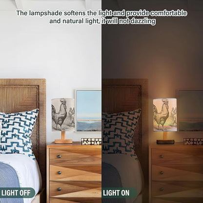 Table Lamp Retro Vintage Rooster Chicken Nightstand Lamp with Wood Base Fabric Lamp Shade Bedside Desk Lamp for Living Room Bedroom Kids Room Office