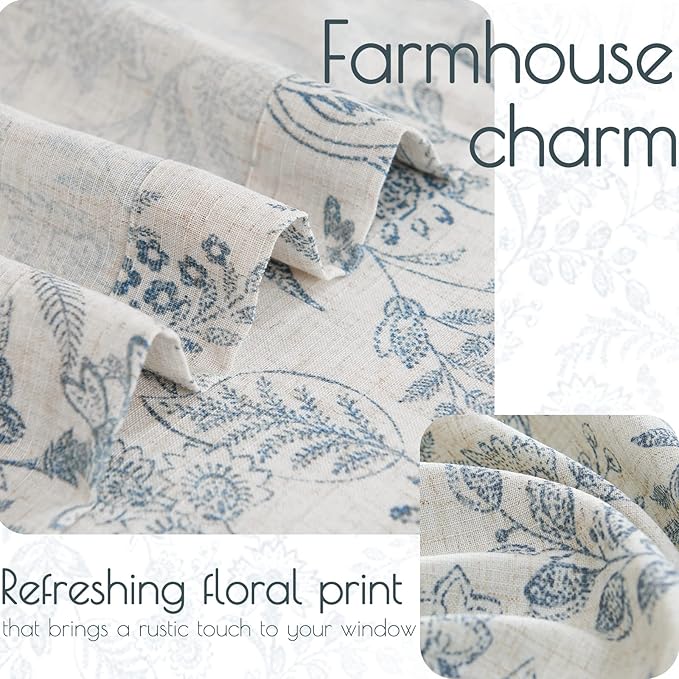 jinchan Floral Kitchen Curtains for Windows 24 Inch Linen Tier Farmhouse Cafe Curtains Country Botanic Small Window Rod Pocket Rustic Flax for Laundry Bathroom RV 2 Panels Blue on Beige