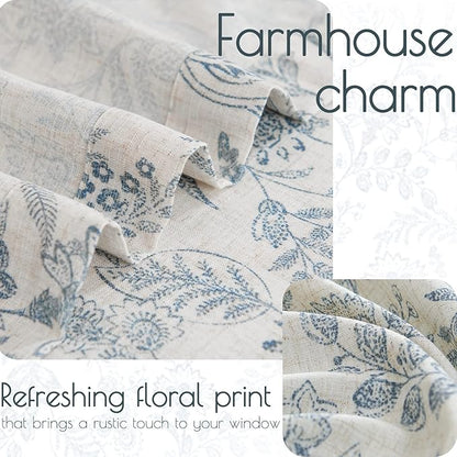 jinchan Floral Kitchen Curtains for Windows 24 Inch Linen Tier Farmhouse Cafe Curtains Country Botanic Small Window Rod Pocket Rustic Flax for Laundry Bathroom RV 2 Panels Blue on Beige