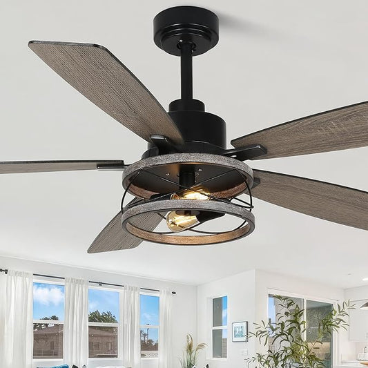 52'' Farmhouse Ceiling Fans with Lights and Remote,Chandelier Ceiling Fan with Reversible DC Motor,5 Double Colour Blades,Rustic Caged Ceiling Fan for Living Room,Dining Room,Bedroom