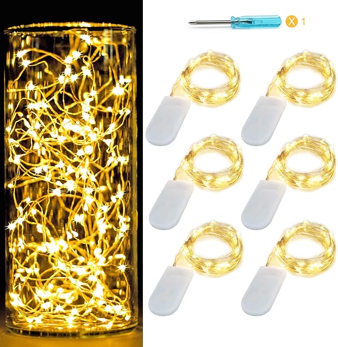 6 Pack Fairy Lights Battery Operated No Remote LED Starry String Lights 30 Micro Starry LEDs on 10ft Silvery Copper Wire Light for DIY Wedding Centerpiece Table Decorations (Warm White)