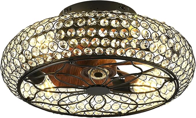 Caged Crystal Ceiling Fans with Lights and Remote,18.8" Flush Mount Low Profile Ceiling Fan with Light,6 Speed Enclosed Ceiling Fan with Reversible Motor for Bedroom Kitchen Living Room