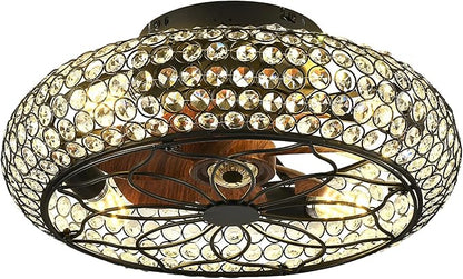Caged Crystal Ceiling Fans with Lights and Remote,18.8" Flush Mount Low Profile Ceiling Fan with Light,6 Speed Enclosed Ceiling Fan with Reversible Motor for Bedroom Kitchen Living Room