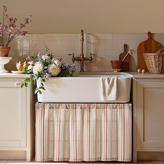 jinchan Colorful Striped Linen Kitchen Curtains 24 Inch Tier Curtains Farmhouse Modern Cafe Small Window Treatments Light Filtering Rod Pocket for Living Room Bathroom 2 Panels Multi Red