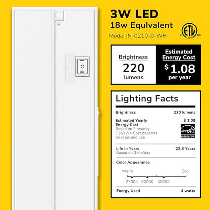 Getinlight 9-inch 3 Color Levels LED Under Cabinet Lighting, Hardwired or Plugged-in, Selectable 2700K/3000K/4000K, Dimmable, White Finished, IN-0210-0
