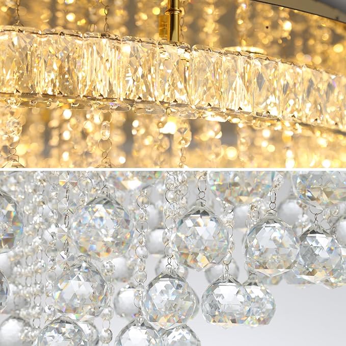 Dia 24" Modern Crystal Chandeliers for Dining Room,Gold Raindrop Chandelier Flush Mount Chandeliers for Living Room Bedrooms Dining Room Dimmable 2700k 4500k 6000k