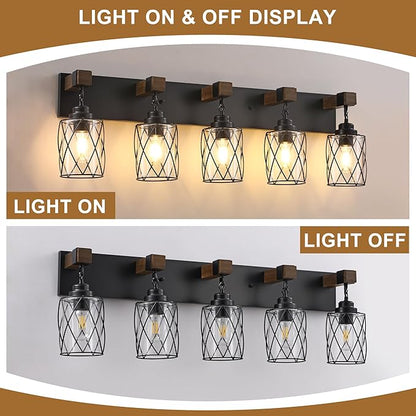 Farmhouse Bathroom Light Fixtures, 5 Light Bathroom Vanity Light with Metal and Glass Lampshade, Wood Rustic Lighting Fixtures Over Mirror, Black Wall Sconces for Living Room, Bedroom