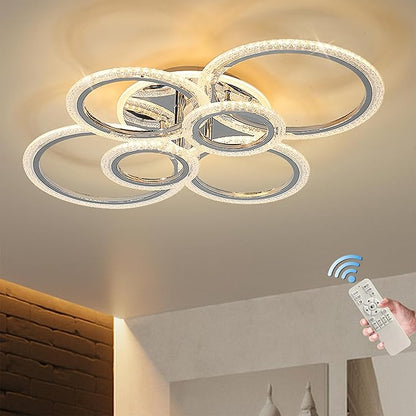 Garwarm Modern LED Ceiling Light Fixture,76W Dimmable LED Chandelier Flush Mount Ceiling Lights Remote Control,6 Ring Ceiling Lamp Fixture for Living Room Dining Room Bedroom(Chrome)