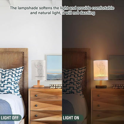 Table Lamp Cute Elephant Baby with Love Heart Valentines Day White Nightstand Lamp with Wood Base Fabric Lamp Shade Bedside Desk Lamp for Living Room Bedroom Kids Room Office