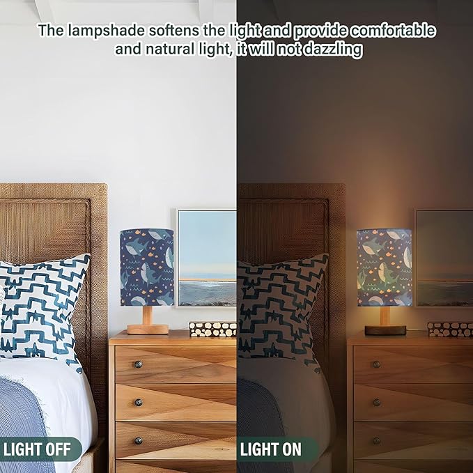 Table Lamp Marine Shark Fish Bubble Pattern Nightstand Lamp with Wood Base Fabric Lamp Shade Bedside Desk Lamp for Living Room Bedroom Kids Room Office