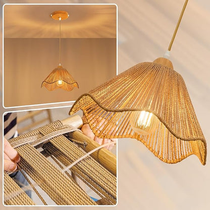 2 Pack 12.4" Wave Rattan Chandelier Pendant Lights Kitchen Island,Farmhouse Boho Chandeliers Adjustable Height Hanging lamp for Dining Room,Kitchen Ceiling Light Fixtures Woven Wicker Lampshade
