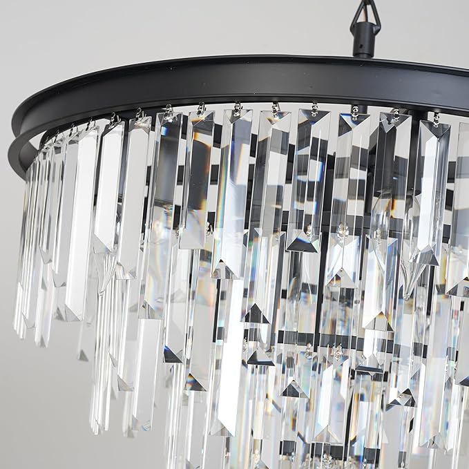 24'' Modern Crystal Chandelier, Black Round Ceiling Light with Clear Prisms, Luxury Flush Mount Lighting Fixture for Dining Room Bedroom Foyer