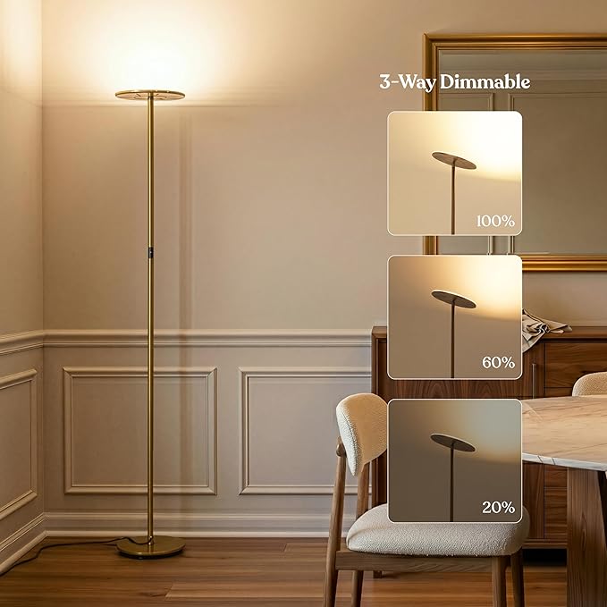 Brightech Sky LED Floor lamp, Torchiere Super Bright Floor Lamp for Living Room Decor & Office - Dimmable, Tall Standing Torch Lamp with Warm Light for Bedroom & Reading - Gold Brass