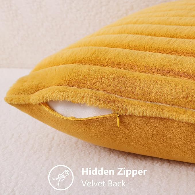 decorUhome Summer Cozy Faux Fur Throw Pillow Covers 12x20 Set of 2 Decorative Plush Striped Lumbar Modern Farmhouse Boho Couch Pillow Cases with Velvet Back for Sofa Bed Living Room, Mustard Yellow