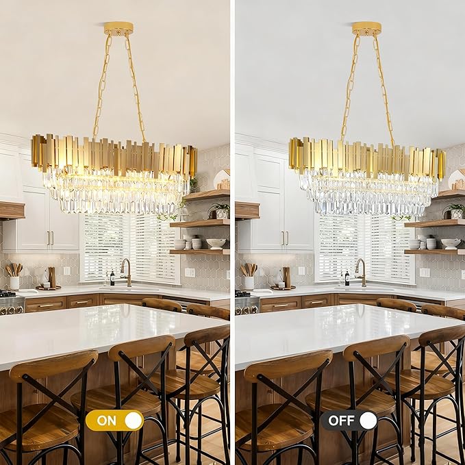 Modern Rectangular Chandelier Luxury Gold Crystal Chandelier,E12 Base Oval Contemporary Ceiling Hanging Light, Linear Ceiling Pendant Light for Living Room Dining Room Entryway L32in