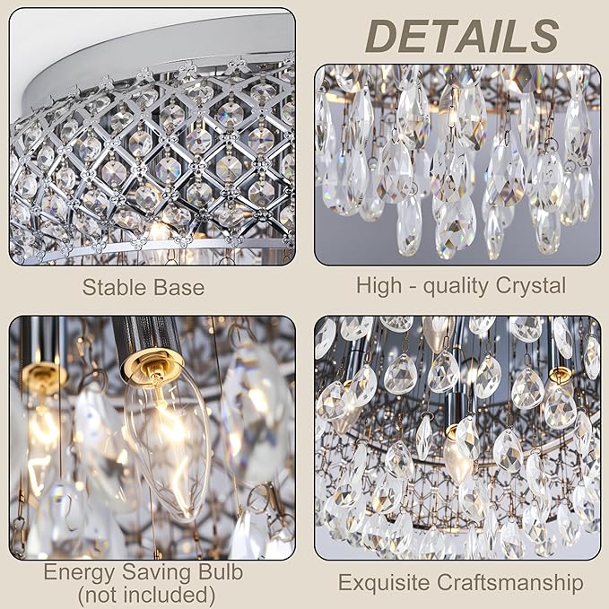 Maxax 19.5'' Chrome Chandelier with Crystal Raindrop Prism, Large 5-Light Flush Mount Ceiling Light Fixture, Drum Raindrop Metal Shade, French Vintage