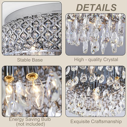 Maxax 19.5'' Chrome Chandelier with Crystal Raindrop Prism, Large 5-Light Flush Mount Ceiling Light Fixture, Drum Raindrop Metal Shade, French Vintage