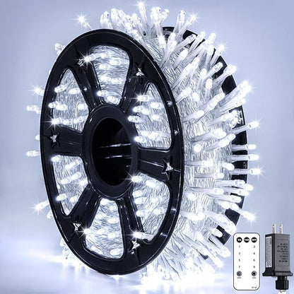 JMEXSUSS Christmas Lights, 8 Modes Waterproof Christmas Light Outdoor Plug in, Clear Wire String Lights Indoor Bedroom 720LED 230 FT White
