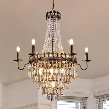 Wellmet French Empire Crystal Chandelier, 13-Light Bronze Luxury Crystal Chandelier, Traditional Court Chandelier For Living Room, Dining Room, Bedroom, Drawing Room, Foyer, Hallway, Restaurant, 33''W
