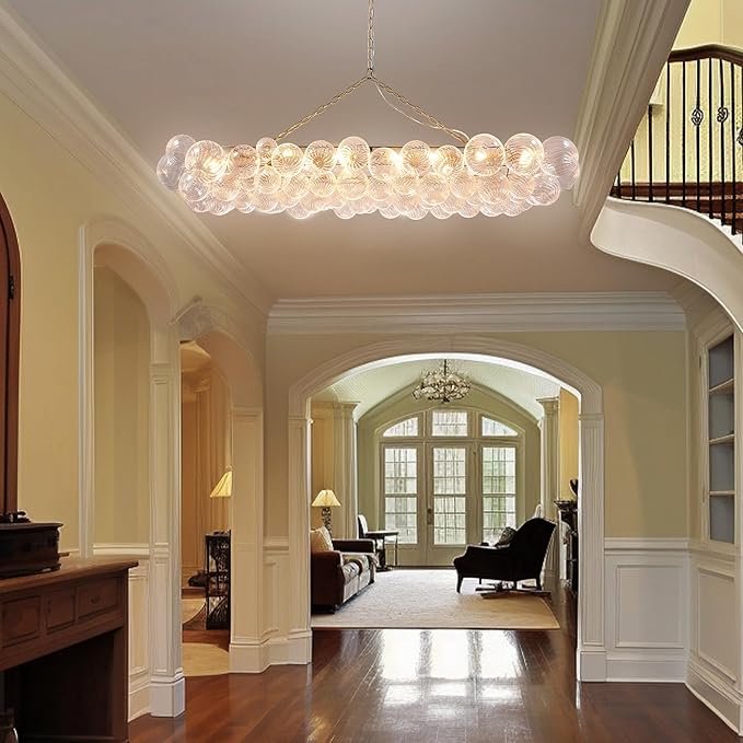 Longree Nordic Bubble Ball Swirled Glass Chandelier, 62 inch Long Rectangular Chandeliers Island Light Fixture for Dining Table Living Room