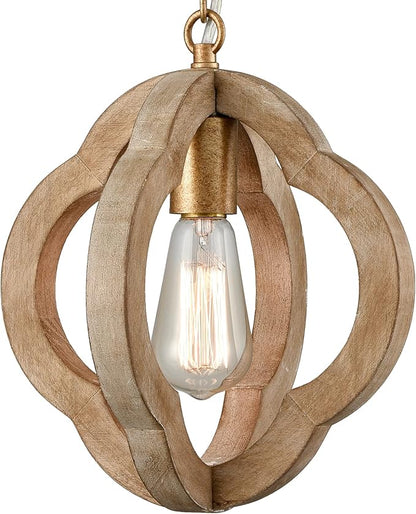 SAMTEEN Farmhouse Wood Pendant Lights Kitchen Island, Vintage Wooden Pendant Lighting Rustic 1-Light Wood Hanging Ceiling Light Fixture for Hallway Bedroom Entrance, Adjustable Chain