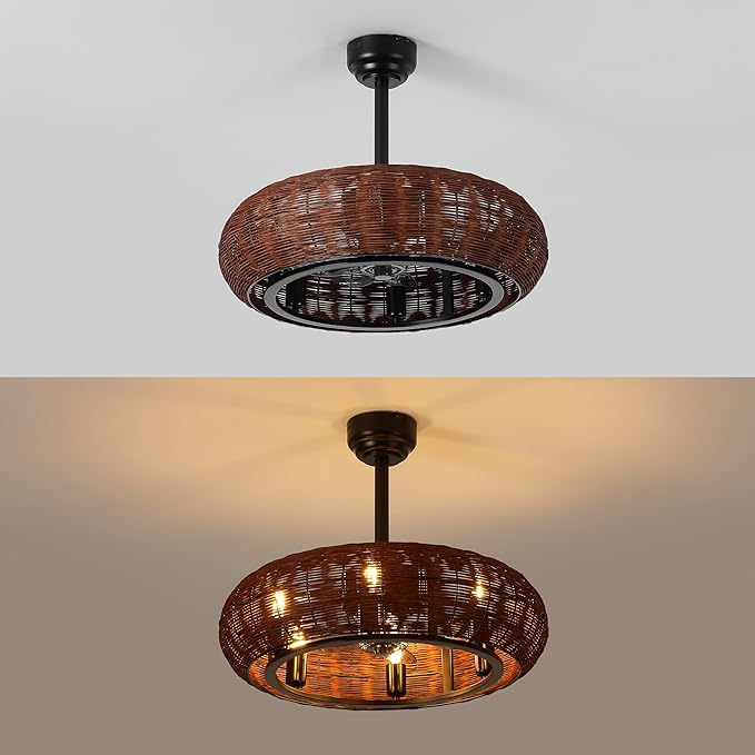 JONATHAN Y 23" Black 6-Light Modern Bohemian Ceiling Fan with Lights, 6-Speed Remote and App Control, Height Adjustable LED Lantern with Dark Brown Rattan Shade for Living Room JYL9728A