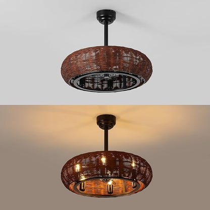 JONATHAN Y 23" Black 6-Light Modern Bohemian Ceiling Fan with Lights, 6-Speed Remote and App Control, Height Adjustable LED Lantern with Dark Brown Rattan Shade for Living Room JYL9728A