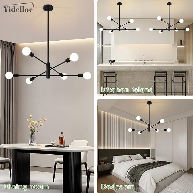 6 Lights Black Sputnik Chandeliers Modern Light Fixtures, Mid Century Chandelier Adjustable Length Pendant Light for Dining Room, Bedroom, Living Room, Kitchen, Farmhouse