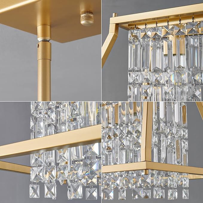 LMQNINE Chandeliers for Dining Room, 3-Light Trapezoidal Industrial Dining Room Light Fixture Farmhouse Chandelier Crystal Pendant Lights Kitchen Island Living Room (Gold 25.98 inch)