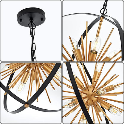 23.2" Black Gold Globe Sputnik Chandelier, 12-Light Mid Century Modern Industrial Starburst Golden Metal Satellite Light Fixture for Entryway Foyer Bedroom Dining Living Room Hallway, E12