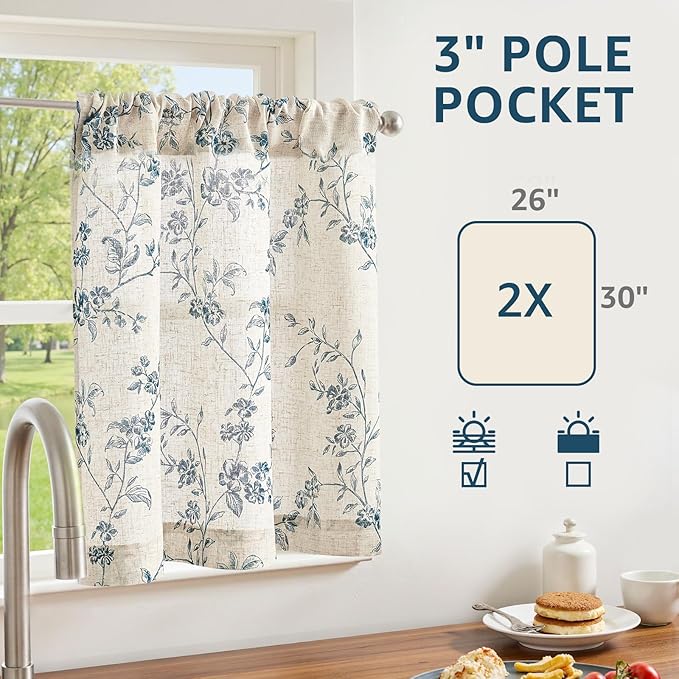 jinchan Floral Kitchen Curtains 30 Inch Linen Tier Curtains Farmhouse Cafe Half Window Drapes Over Sink Light Filtering Blue on Beige for Living Room Laundry RV Rod Pocket 2 Panels