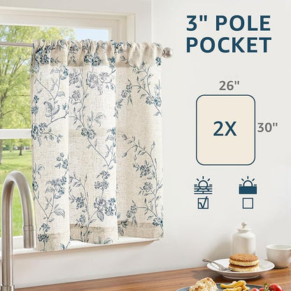 jinchan Floral Kitchen Curtains 30 Inch Linen Tier Curtains Farmhouse Cafe Half Window Drapes Over Sink Light Filtering Blue on Beige for Living Room Laundry RV Rod Pocket 2 Panels