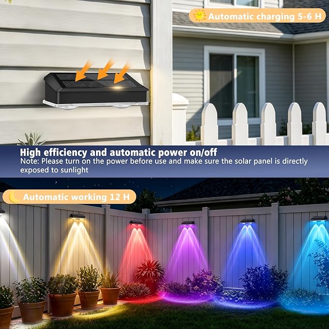 echosari 8 Pack Solar Fence Lights Outdoor Waterproof, Solar Wall Lights Color Changing 100 Lumen Ultra Bright Auto ON/Off for Backyard Patio Railing Porch (3000K-6500K & RGB)