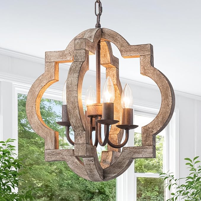 16" Oak Farmhouse Chandeliers for Dining Room Distressed Wood Pendant Light Fixture 4-Light Rustic Ceiling Hanging Light over Table for Kitchen Island Bedroom Entryway Foyer Dimmable & Ajustable Heigh