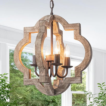 16" Oak Farmhouse Chandeliers for Dining Room Distressed Wood Pendant Light Fixture 4-Light Rustic Ceiling Hanging Light over Table for Kitchen Island Bedroom Entryway Foyer Dimmable & Ajustable Heigh